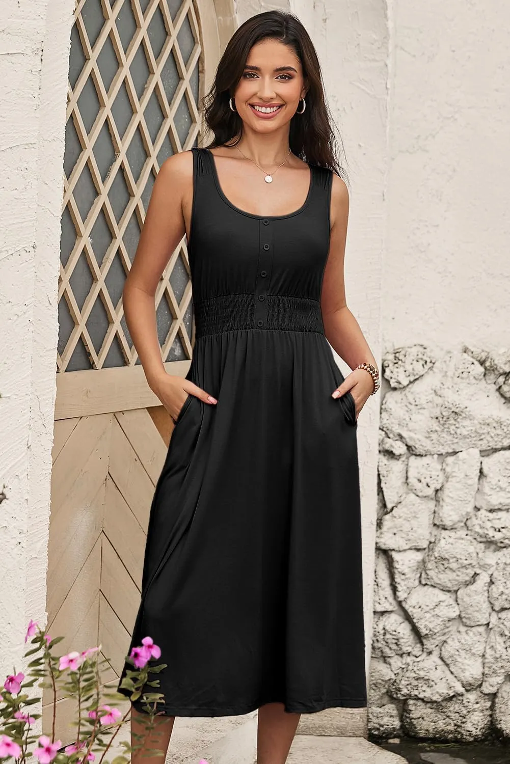 Dokotoo Womens Summer Dresses 2025 Sleeveless Button Down Smocked Empire Waist Casual A-Line Swing Midi Dress Sundress