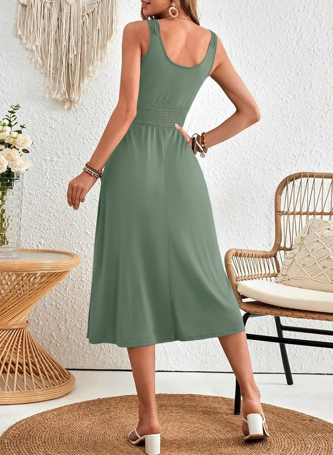 Dokotoo Womens Summer Dresses 2025 Sleeveless Button Down Smocked Empire Waist Casual A-Line Swing Midi Dress Sundress