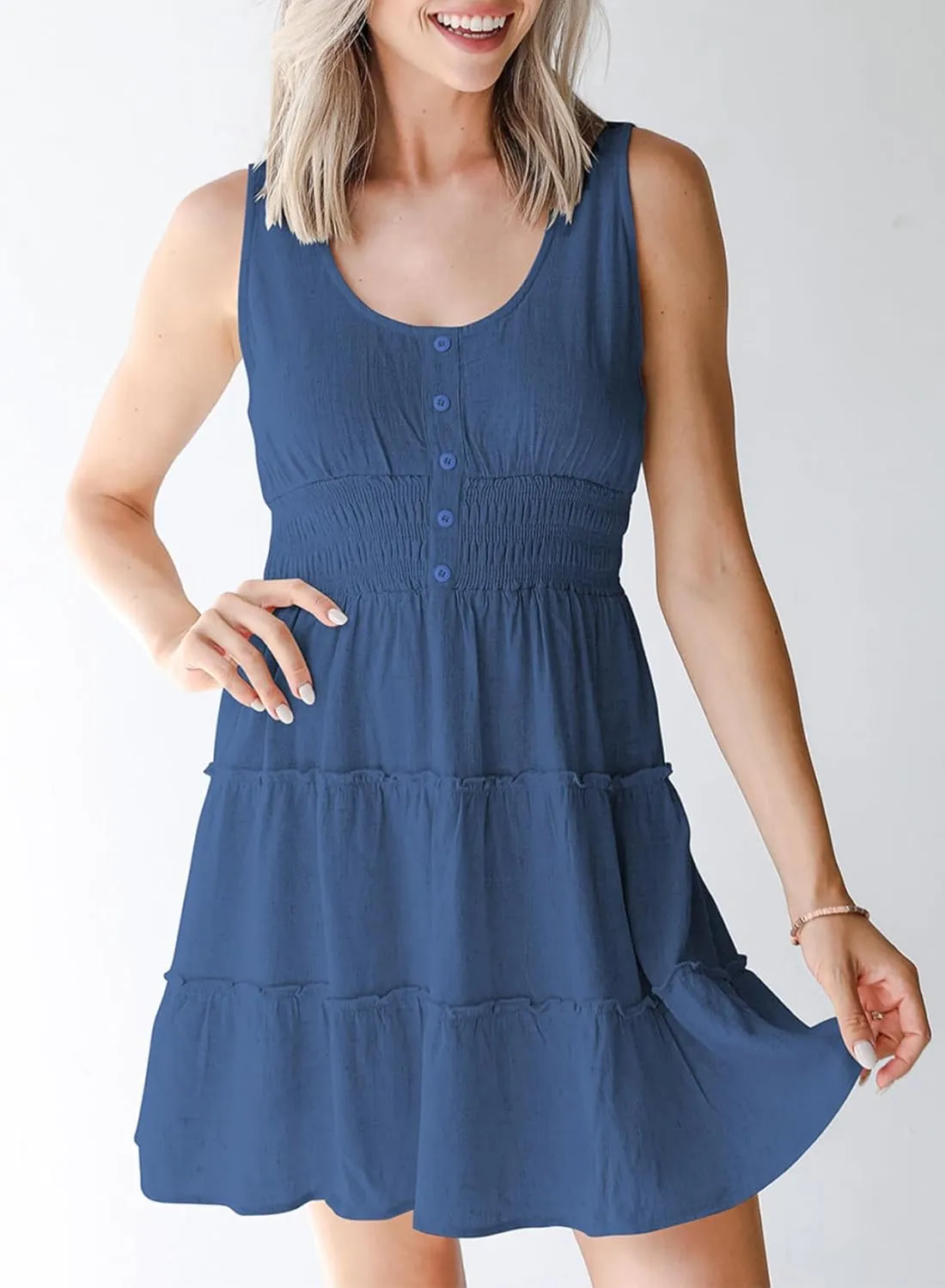 Dokotoo Womens Summer Dresses 2025 Sleeveless Button Down Smocked Empire Waist Ruffle Tiered Casual Swing Mini Dress