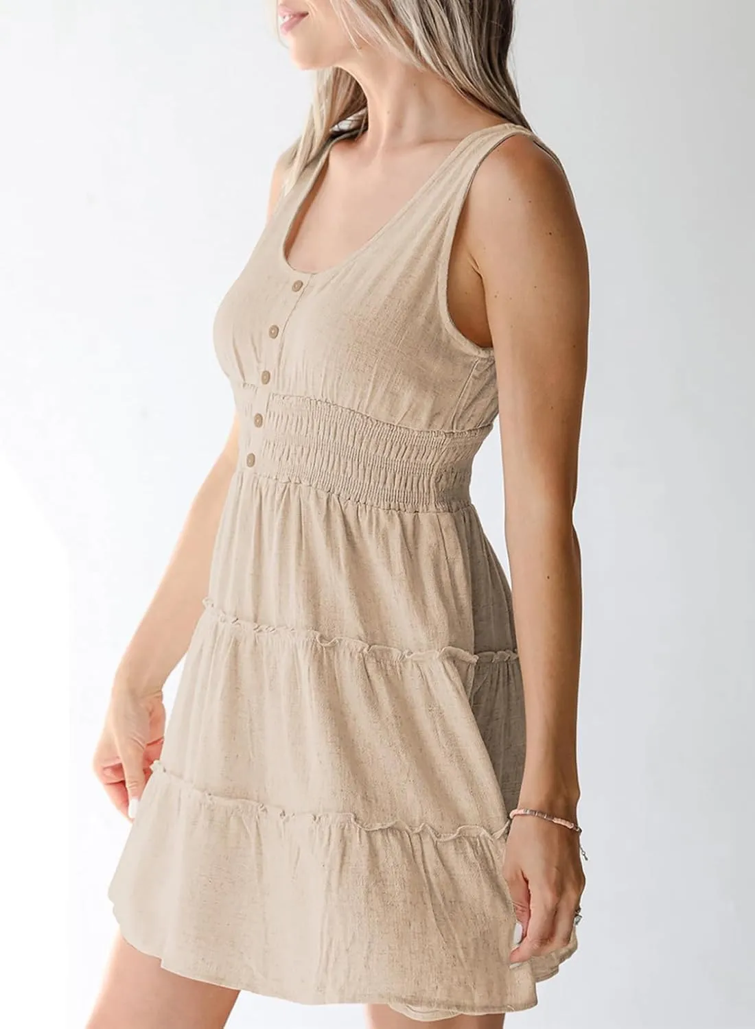Dokotoo Womens Summer Dresses 2025 Sleeveless Button Down Smocked Empire Waist Ruffle Tiered Casual Swing Mini Dress