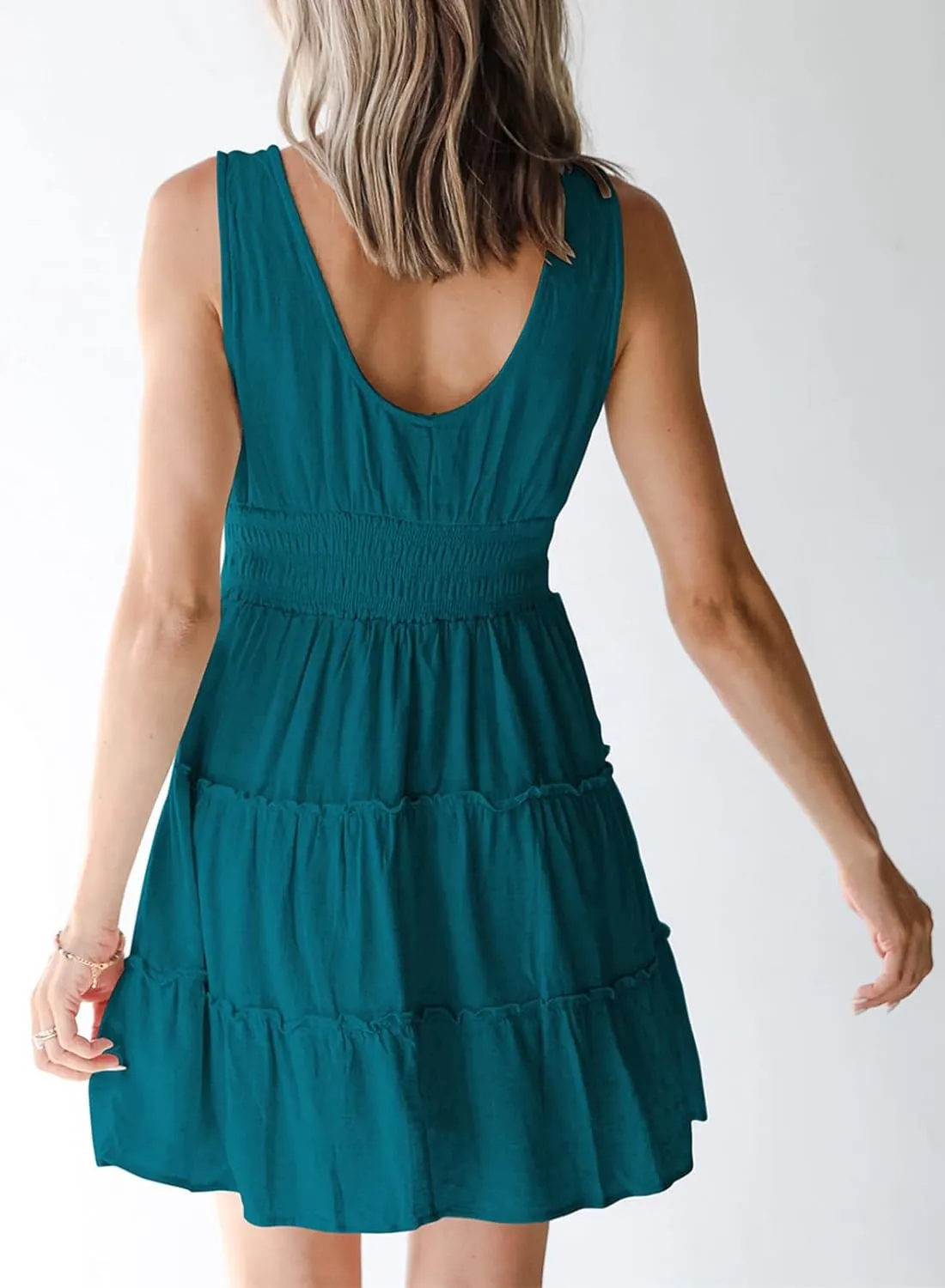 Dokotoo Womens Summer Dresses 2025 Sleeveless Button Down Smocked Empire Waist Ruffle Tiered Casual Swing Mini Dress
