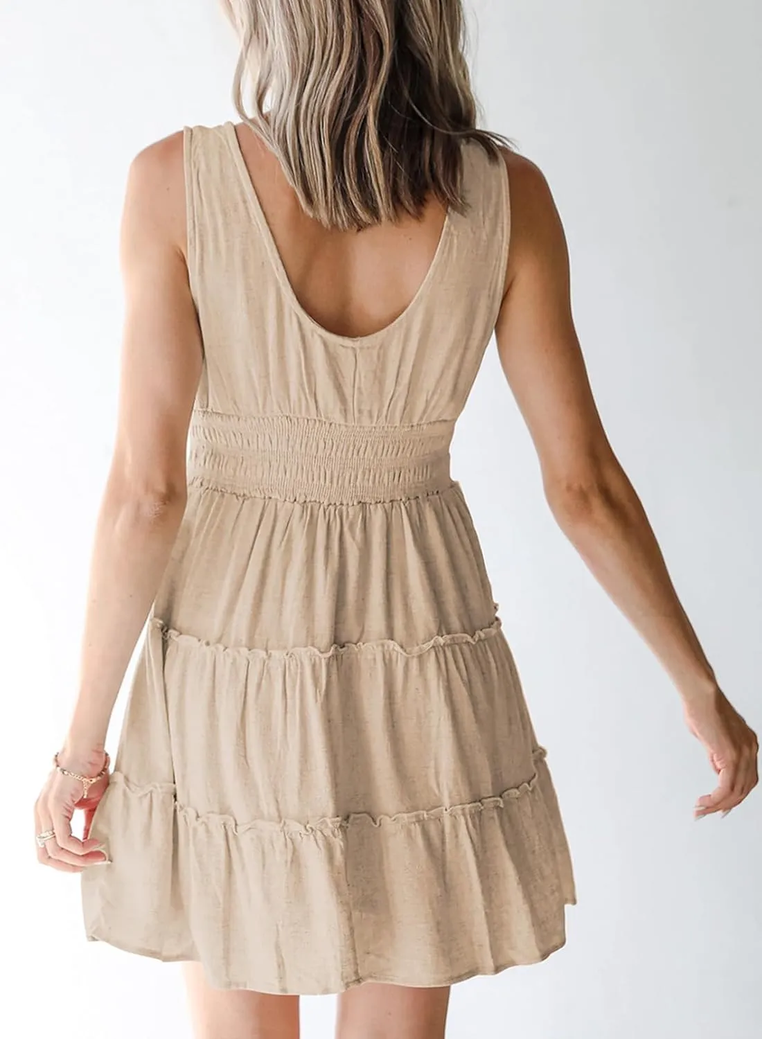 Dokotoo Womens Summer Dresses 2025 Sleeveless Button Down Smocked Empire Waist Ruffle Tiered Casual Swing Mini Dress