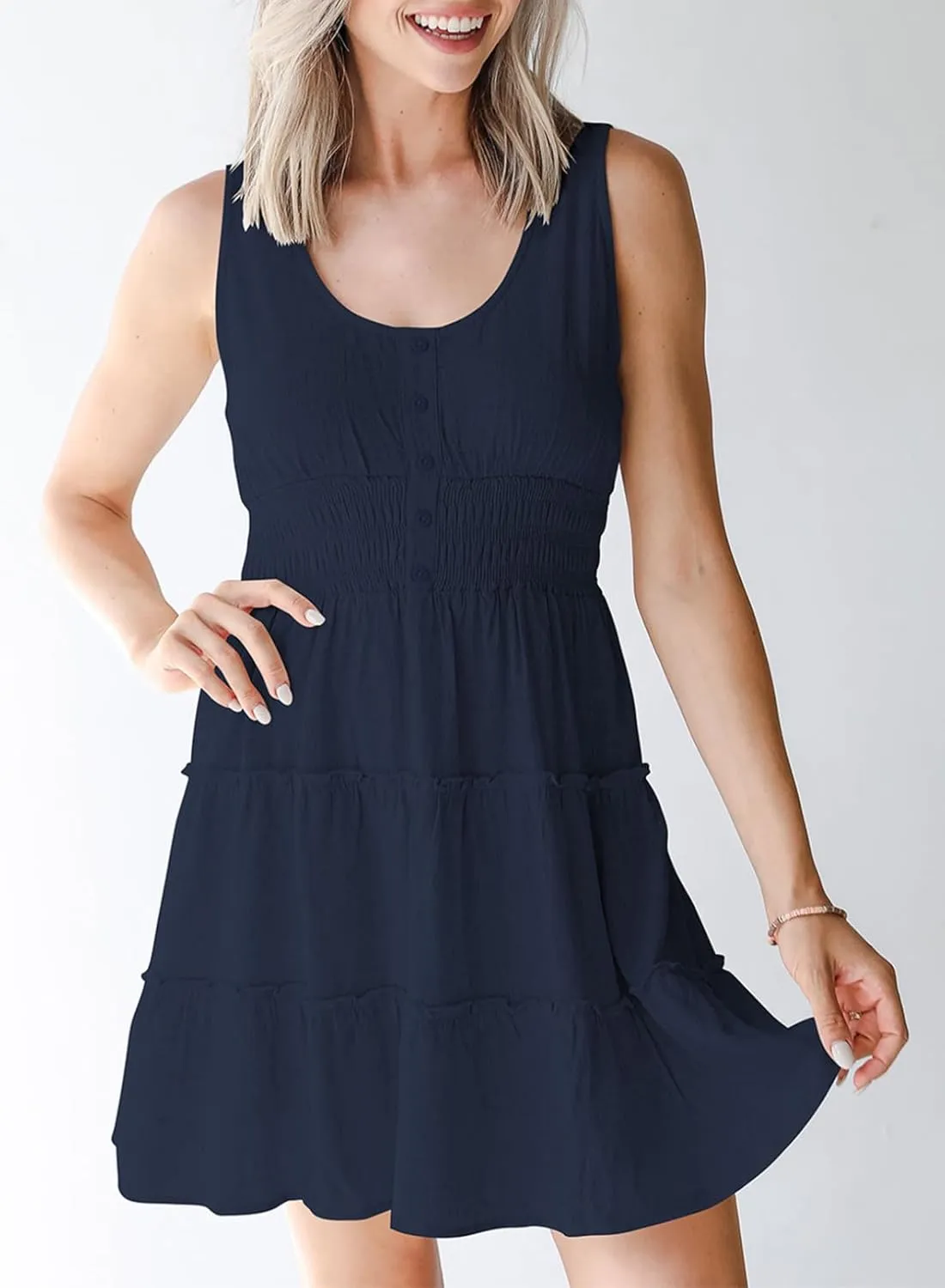 Dokotoo Womens Summer Dresses 2025 Sleeveless Button Down Smocked Empire Waist Ruffle Tiered Casual Swing Mini Dress