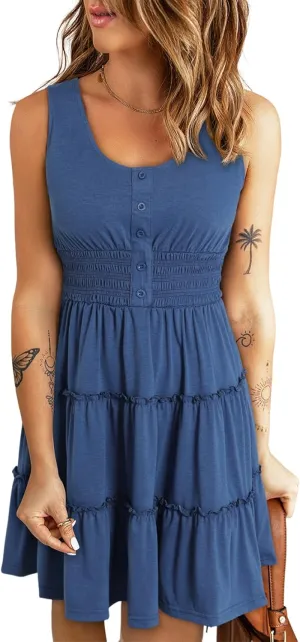 Dokotoo Womens Summer Dresses 2025 Sleeveless Button Down Smocked Empire Waist Ruffle Tiered Casual Swing Mini Dress