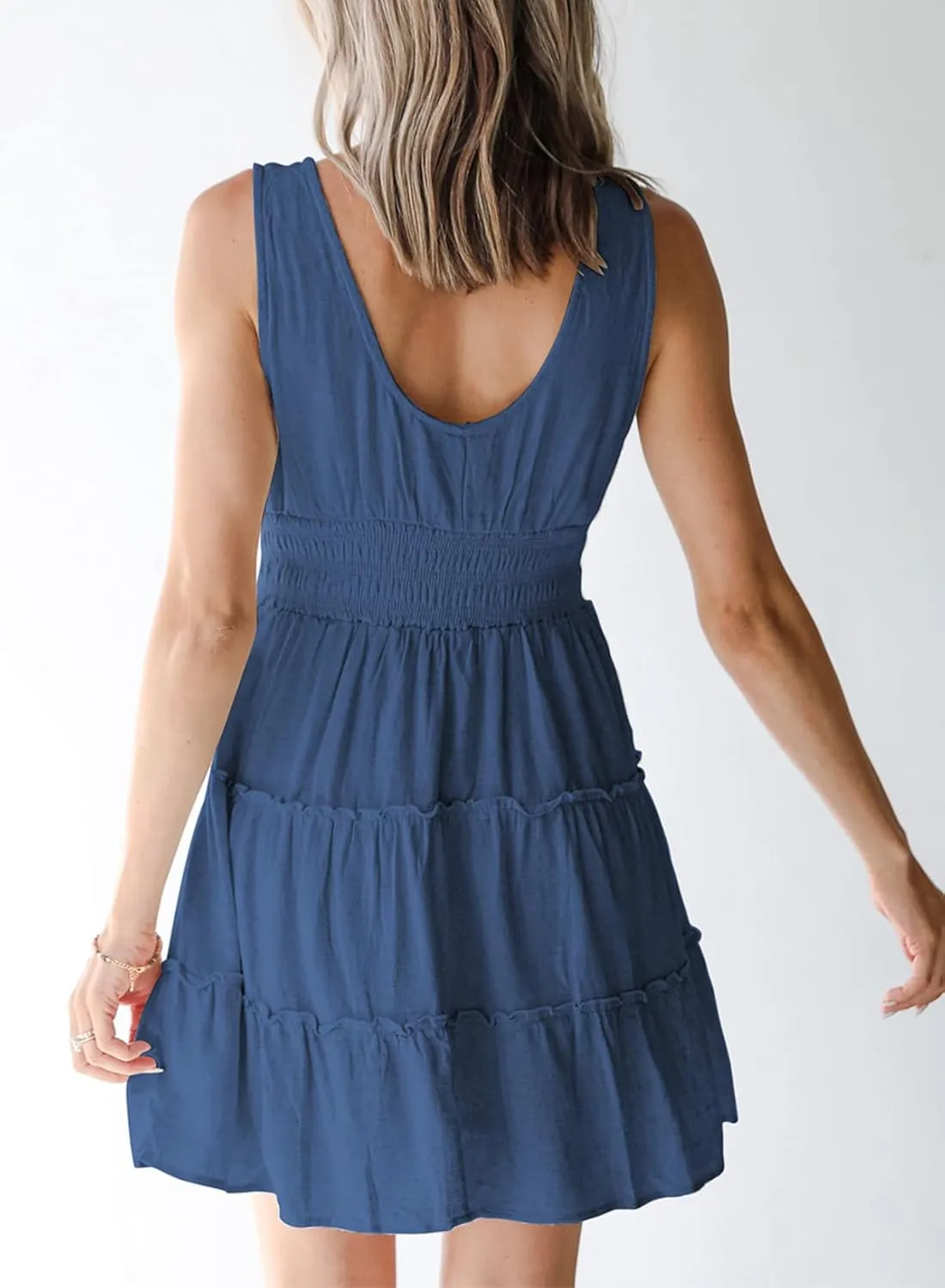 Dokotoo Womens Summer Dresses 2025 Sleeveless Button Down Smocked Empire Waist Ruffle Tiered Casual Swing Mini Dress