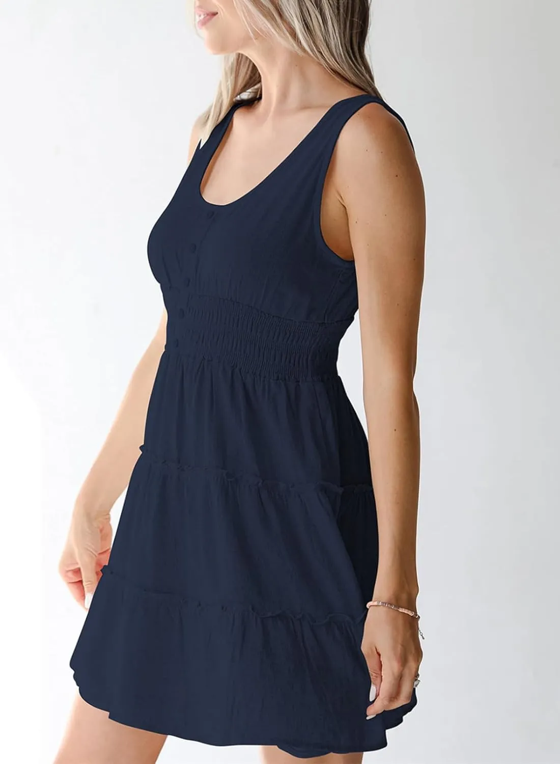Dokotoo Womens Summer Dresses 2025 Sleeveless Button Down Smocked Empire Waist Ruffle Tiered Casual Swing Mini Dress