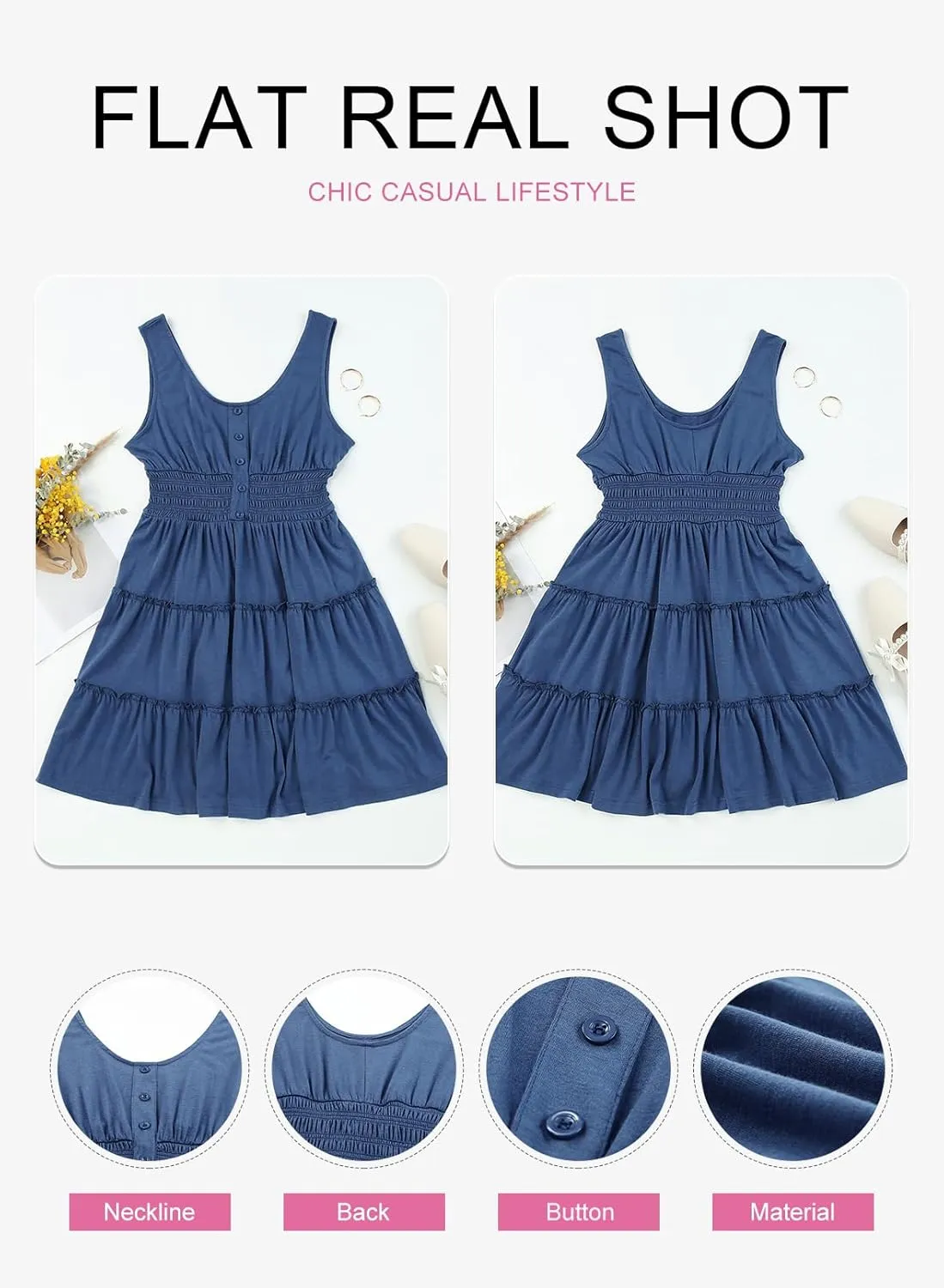 Dokotoo Womens Summer Dresses 2025 Sleeveless Button Down Smocked Empire Waist Ruffle Tiered Casual Swing Mini Dress