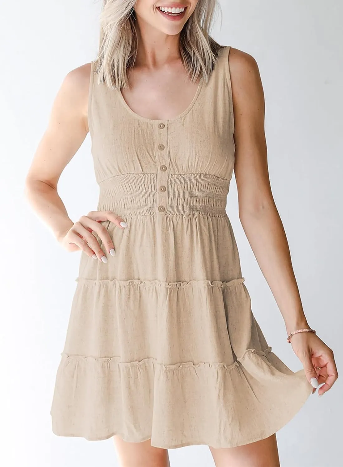 Dokotoo Womens Summer Dresses 2025 Sleeveless Button Down Smocked Empire Waist Ruffle Tiered Casual Swing Mini Dress