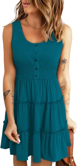 Dokotoo Womens Summer Dresses 2025 Sleeveless Button Down Smocked Empire Waist Ruffle Tiered Casual Swing Mini Dress