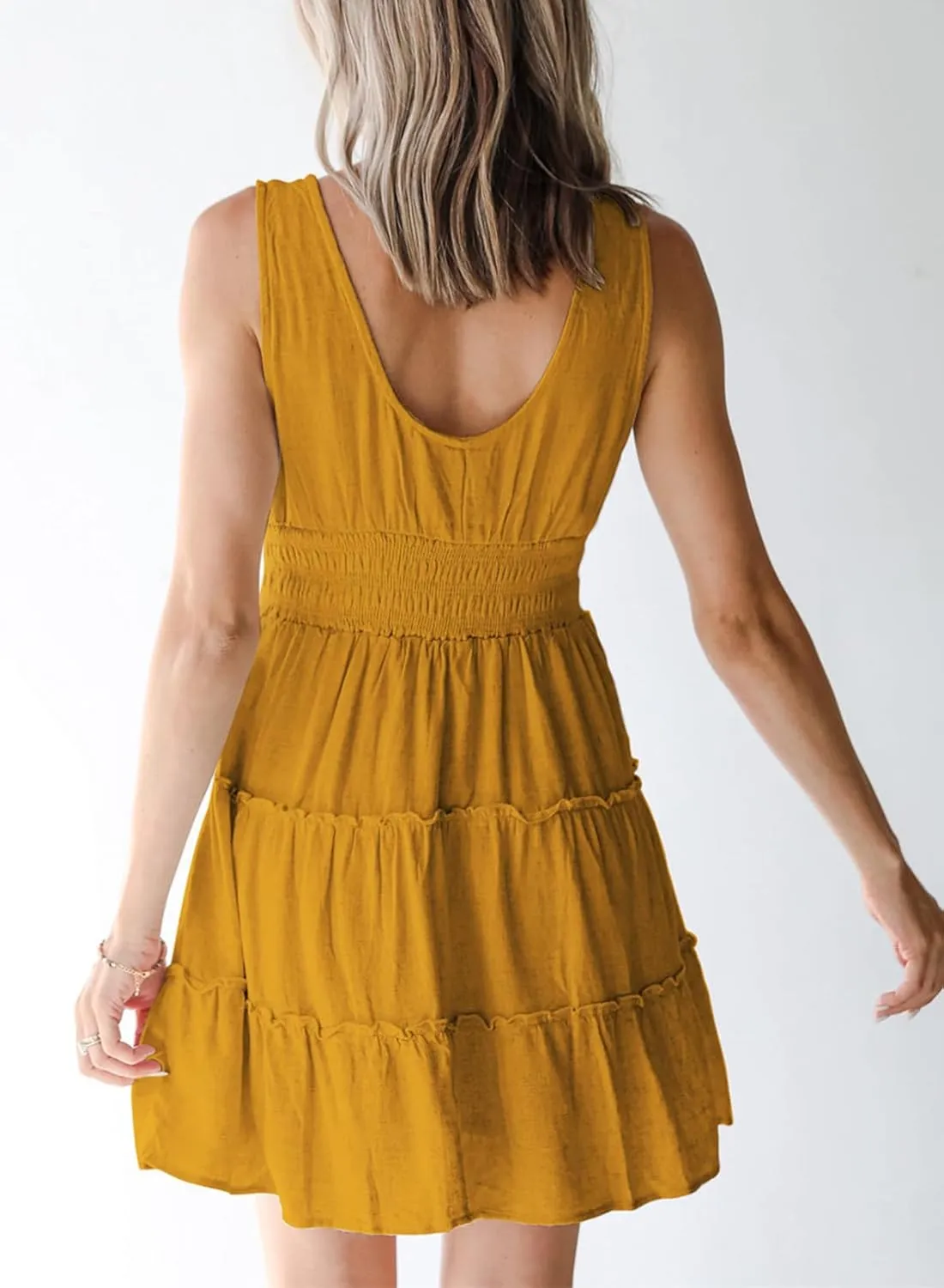 Dokotoo Womens Summer Dresses 2025 Sleeveless Button Down Smocked Empire Waist Ruffle Tiered Casual Swing Mini Dress