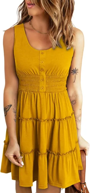 Dokotoo Womens Summer Dresses 2025 Sleeveless Button Down Smocked Empire Waist Ruffle Tiered Casual Swing Mini Dress