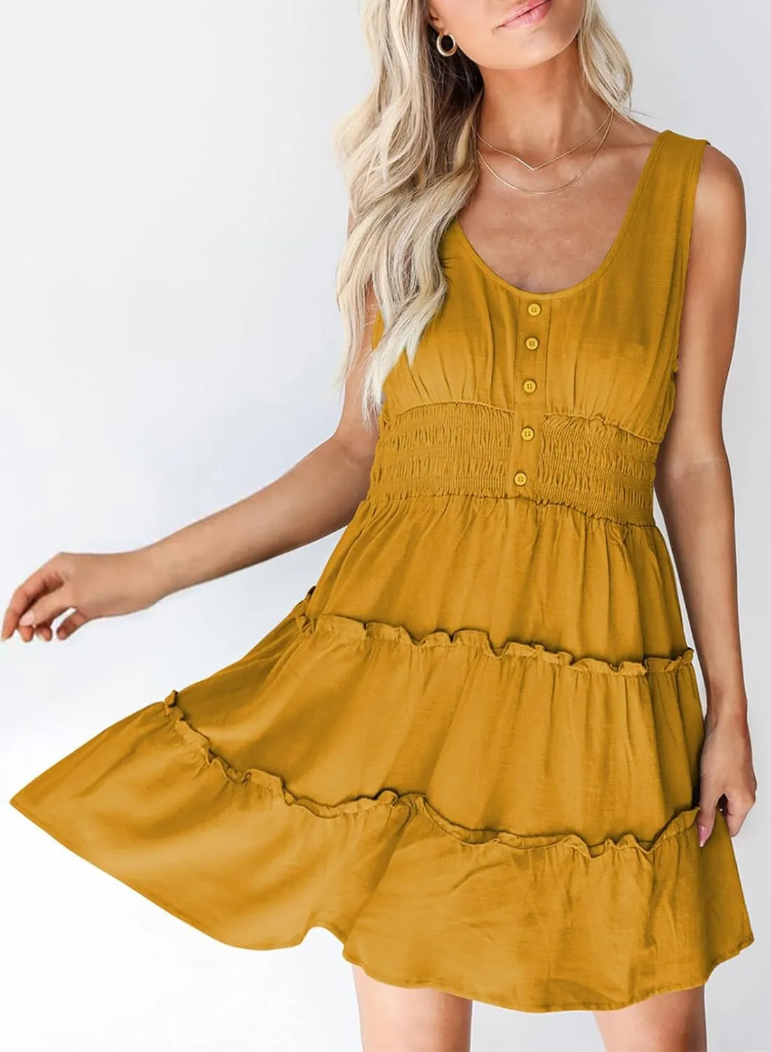 Dokotoo Womens Summer Dresses 2025 Sleeveless Button Down Smocked Empire Waist Ruffle Tiered Casual Swing Mini Dress