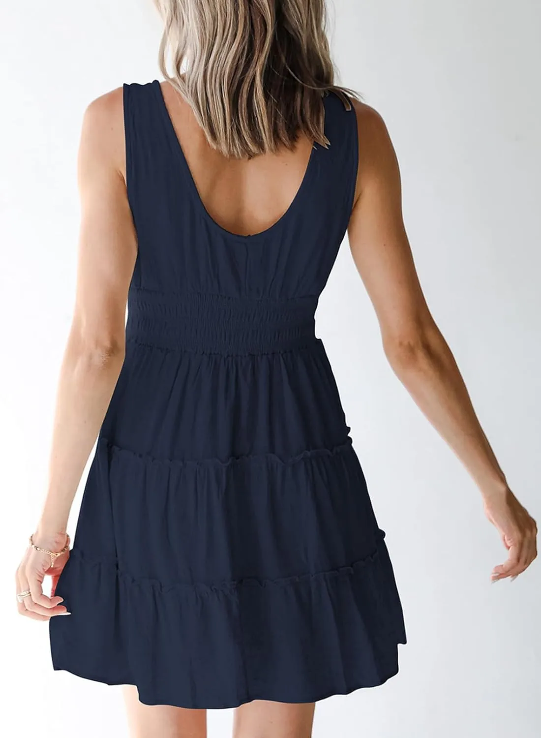 Dokotoo Womens Summer Dresses 2025 Sleeveless Button Down Smocked Empire Waist Ruffle Tiered Casual Swing Mini Dress