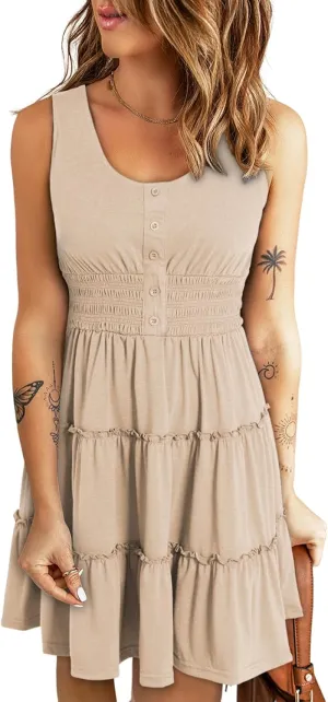 Dokotoo Womens Summer Dresses 2025 Sleeveless Button Down Smocked Empire Waist Ruffle Tiered Casual Swing Mini Dress