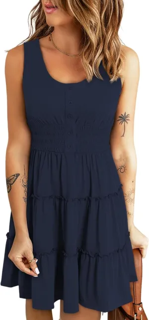 Dokotoo Womens Summer Dresses 2025 Sleeveless Button Down Smocked Empire Waist Ruffle Tiered Casual Swing Mini Dress