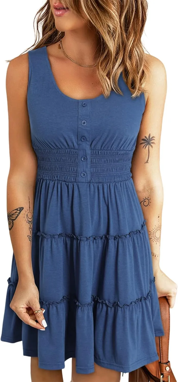 Dokotoo Womens Summer Dresses 2025 Sleeveless Button Down Smocked Empire Waist Ruffle Tiered Casual Swing Mini Dress