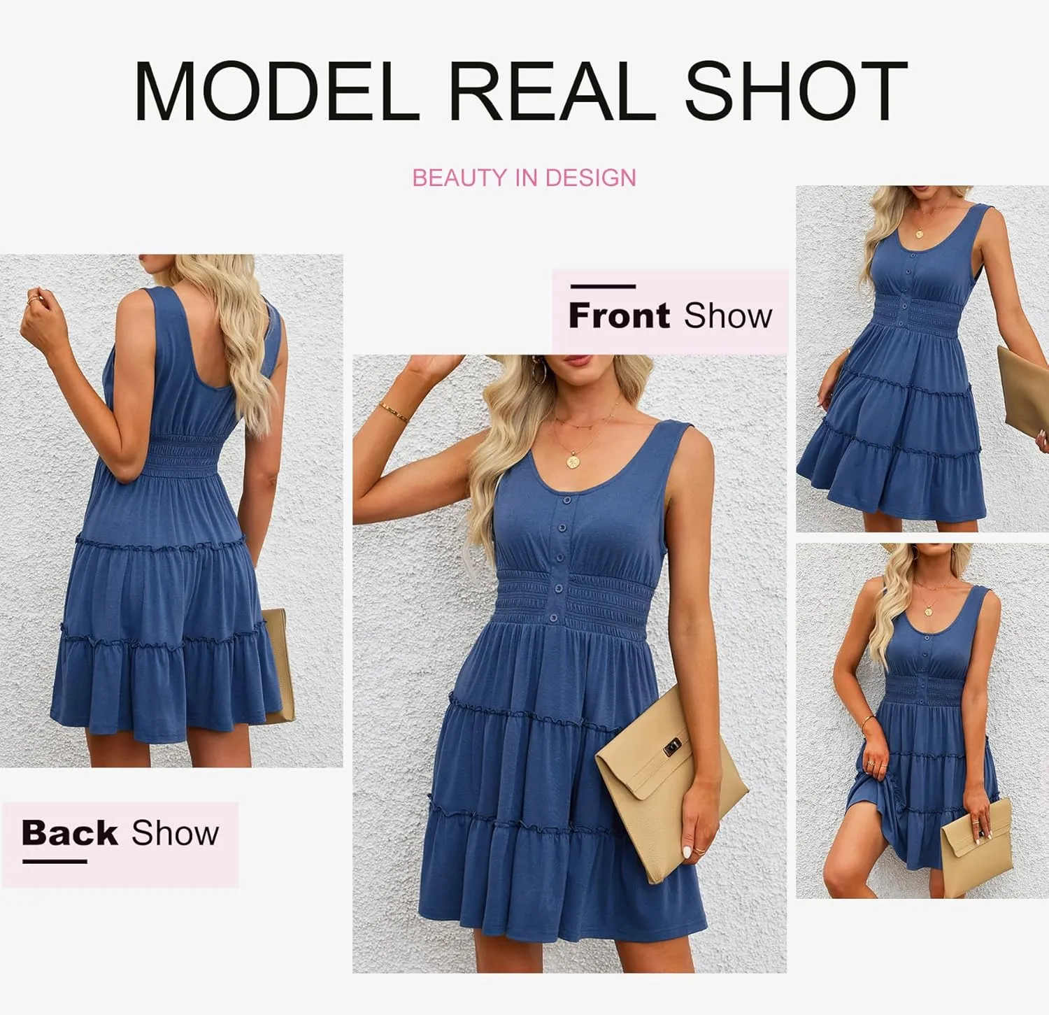 Dokotoo Womens Summer Dresses 2025 Sleeveless Button Down Smocked Empire Waist Ruffle Tiered Casual Swing Mini Dress