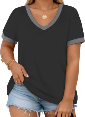 DOLNINE Plus Size Tops for Women Casual Ribbed V Neck Color Block Cuff Summer Shirts with Pocket