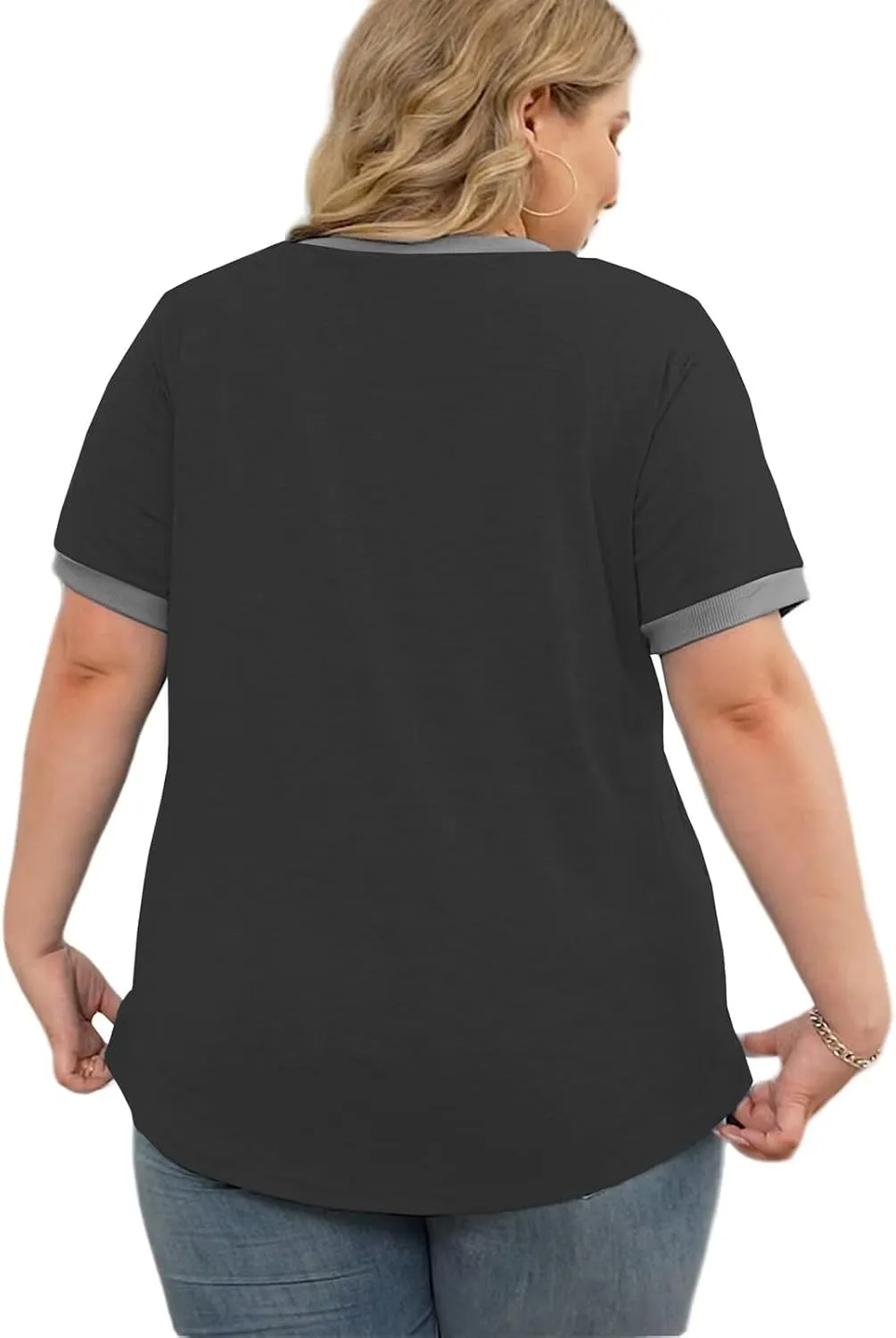 DOLNINE Plus Size Tops for Women Casual Ribbed V Neck Color Block Cuff Summer Shirts with Pocket