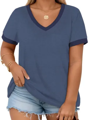 DOLNINE Plus Size Tops for Women Casual Ribbed V Neck Color Block Cuff Summer Shirts with Pocket