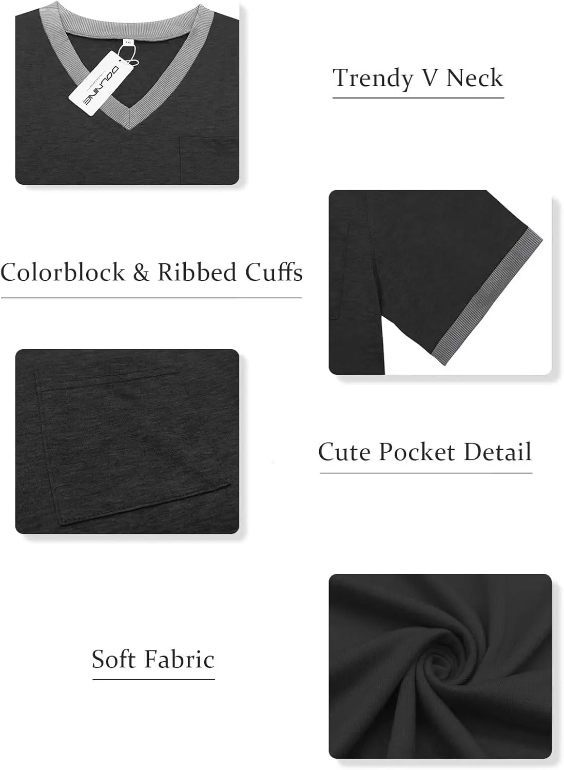 DOLNINE Plus Size Tops for Women Casual Ribbed V Neck Color Block Cuff Summer Shirts with Pocket