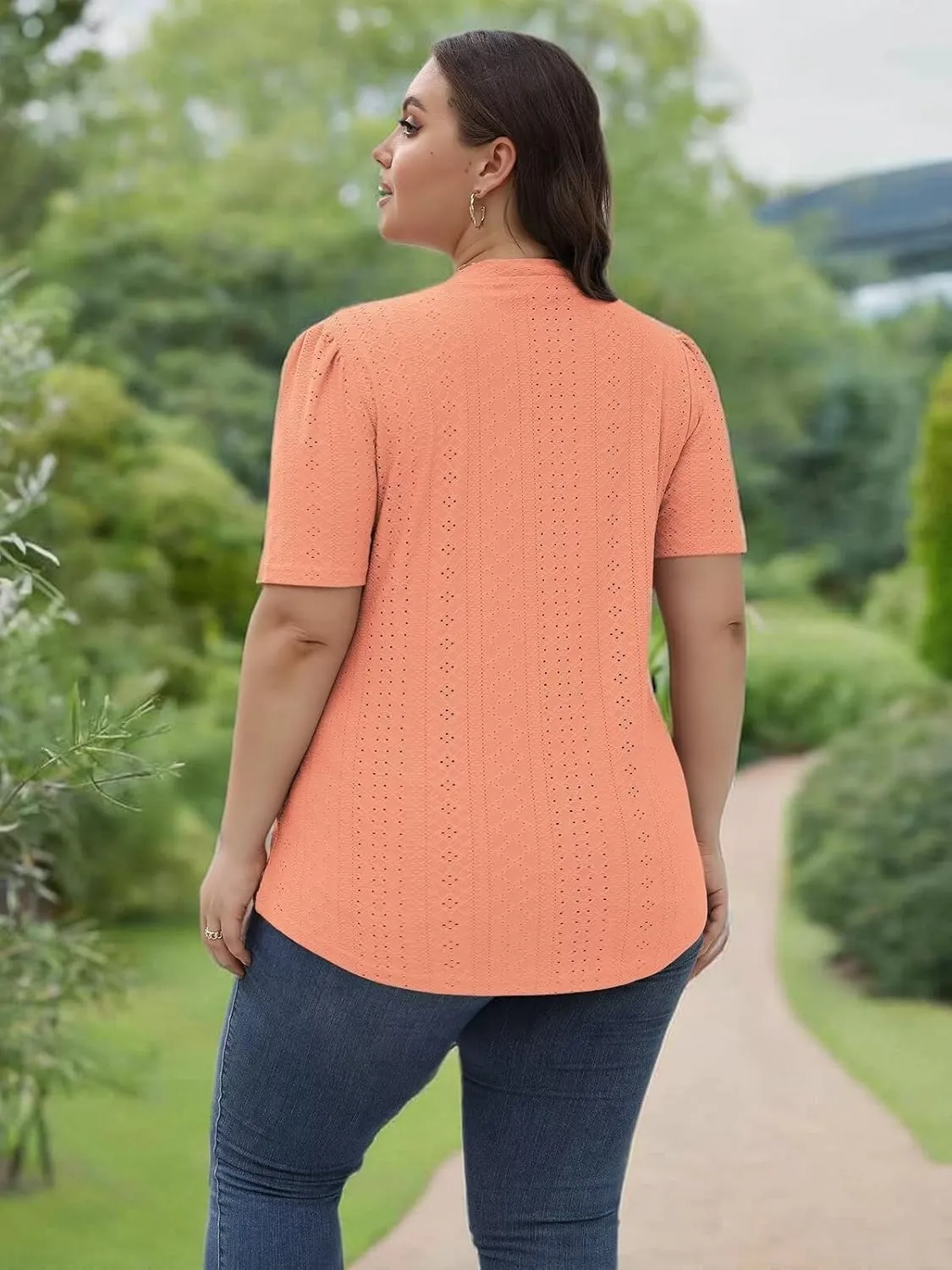 DOLNINE Womens-Plus-Size-Tops Casual Puff Short Sleeve Crewneck Eyelet Tunic Shirts XL-5XL