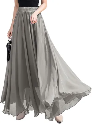ebossy Women's High Rise Pleated Chiffon Skirt Flowy Swing Layered Ruffled Maxi Long Skirts