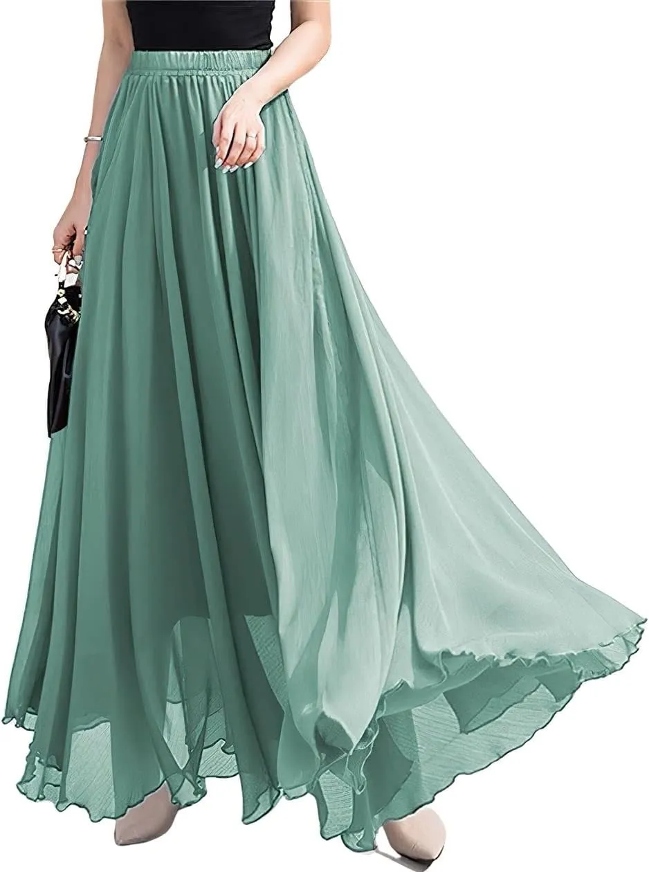 ebossy Women's High Rise Pleated Chiffon Skirt Flowy Swing Layered Ruffled Maxi Long Skirts