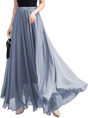 ebossy Women's High Rise Pleated Chiffon Skirt Flowy Swing Layered Ruffled Maxi Long Skirts