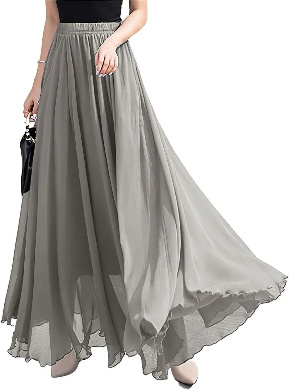 ebossy Women's High Rise Pleated Chiffon Skirt Flowy Swing Layered Ruffled Maxi Long Skirts
