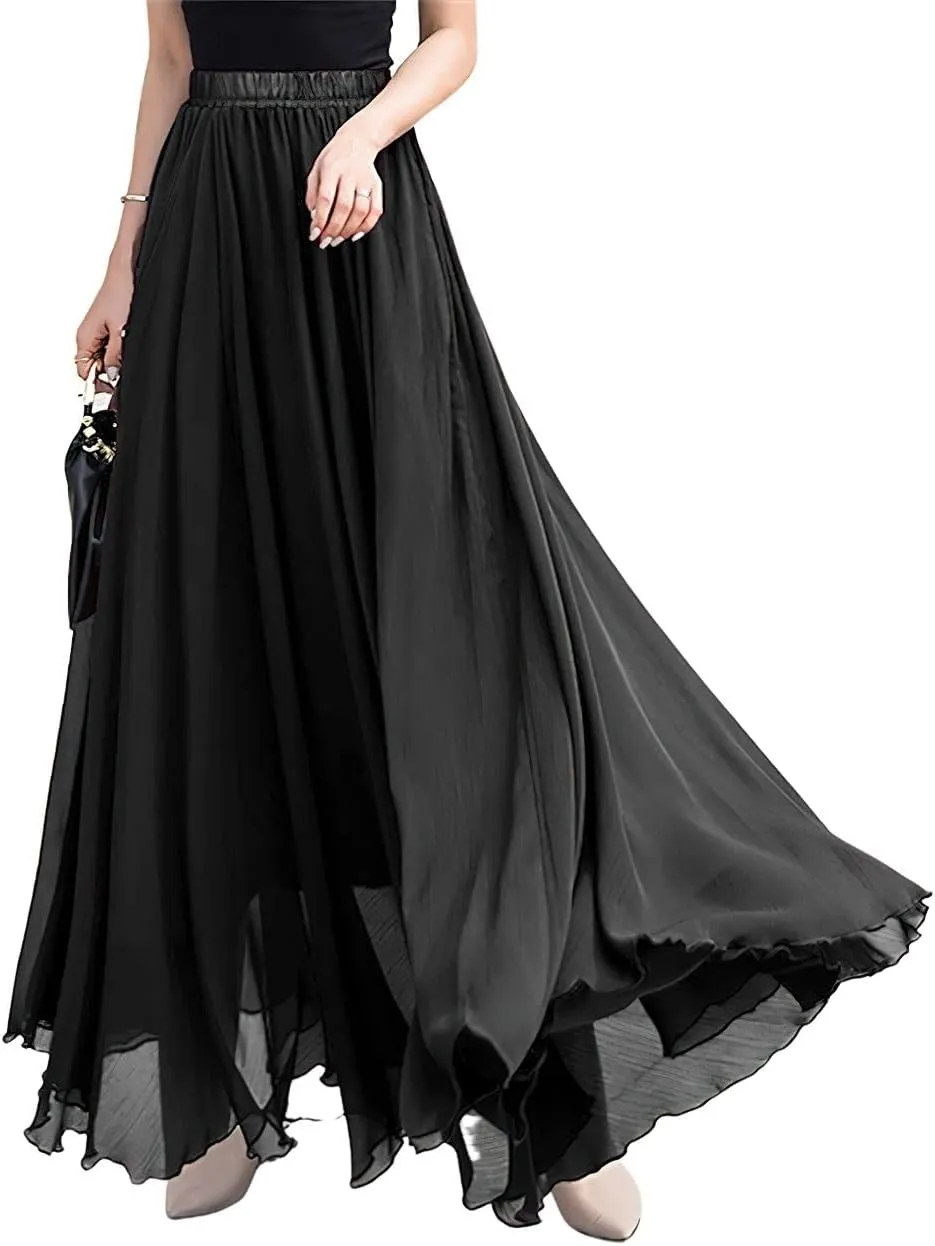 ebossy Women's High Rise Pleated Chiffon Skirt Flowy Swing Layered Ruffled Maxi Long Skirts