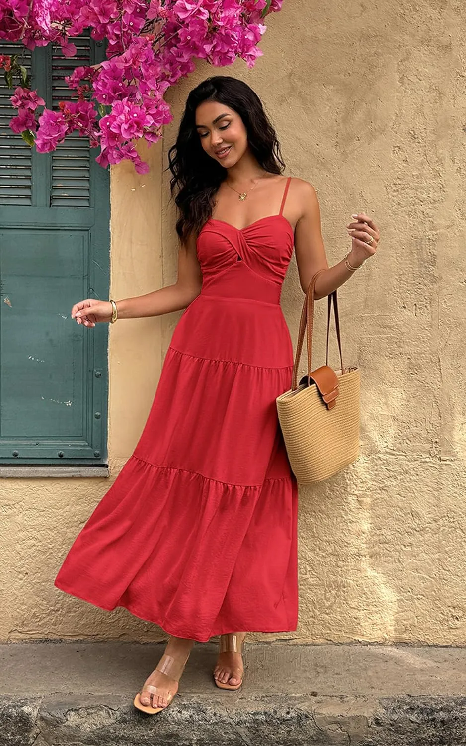 ECOWISH Women's Summer Strapless Maxi Dress 2025 Off Shoulder Hollow Out Smocked A Line Tube Tiered Long Dresses