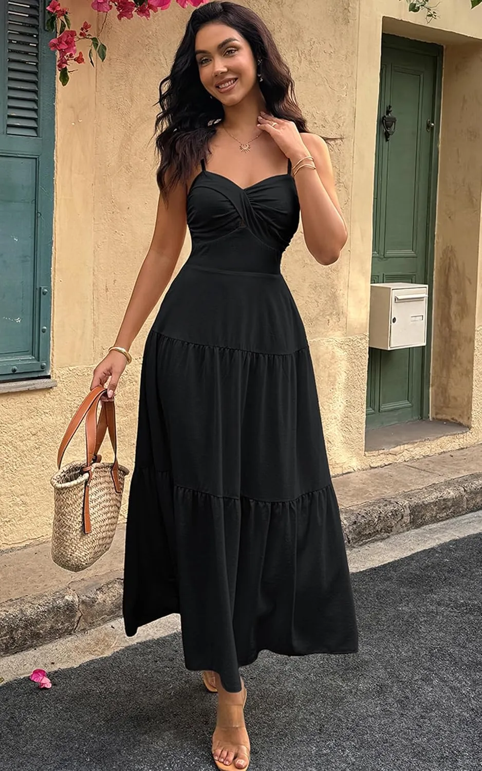 ECOWISH Women's Summer Strapless Maxi Dress 2025 Off Shoulder Hollow Out Smocked A Line Tube Tiered Long Dresses