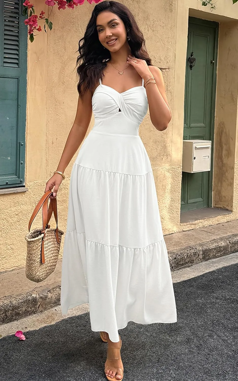 ECOWISH Women's Summer Strapless Maxi Dress 2025 Off Shoulder Hollow Out Smocked A Line Tube Tiered Long Dresses
