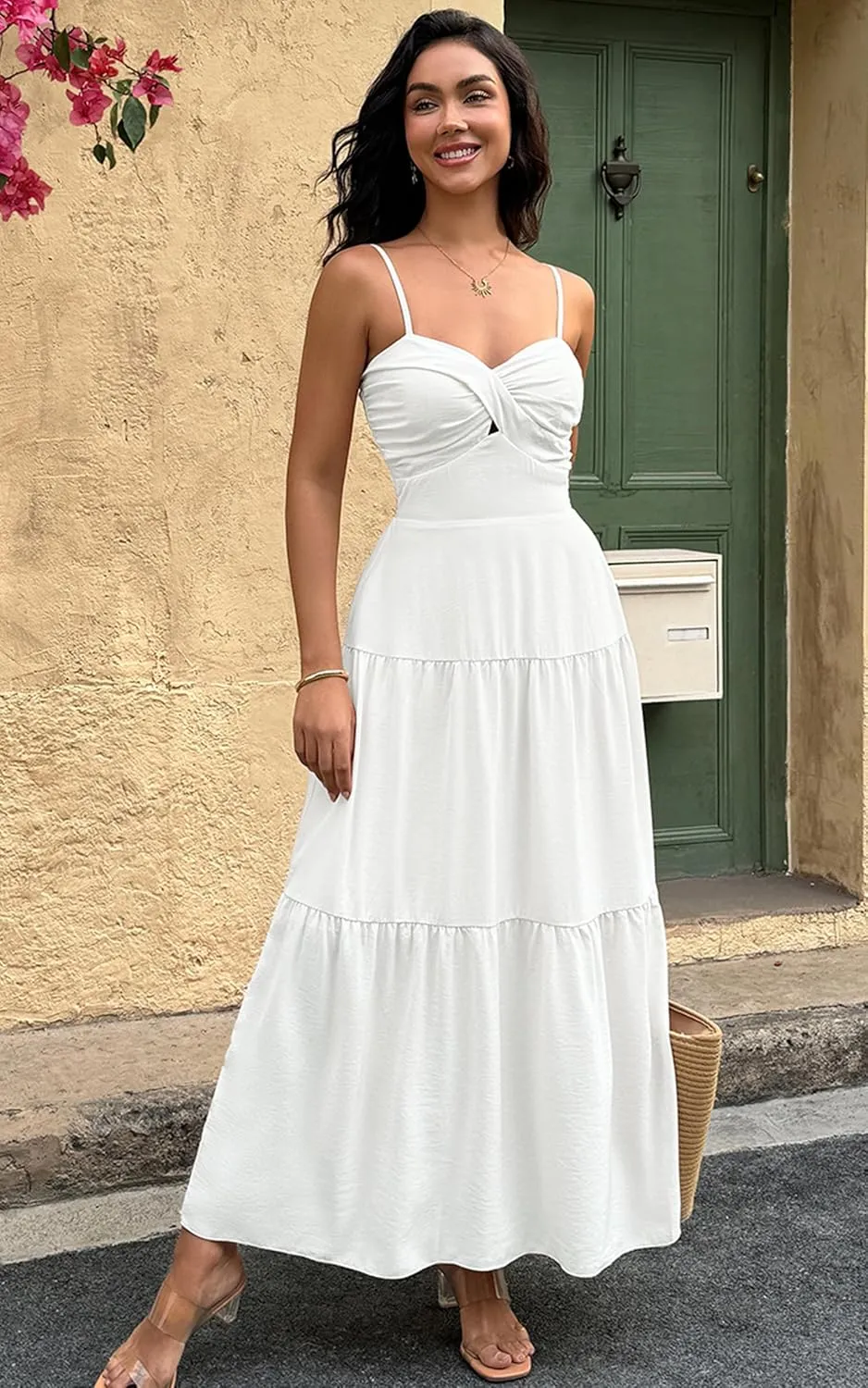 ECOWISH Women's Summer Strapless Maxi Dress 2025 Off Shoulder Hollow Out Smocked A Line Tube Tiered Long Dresses