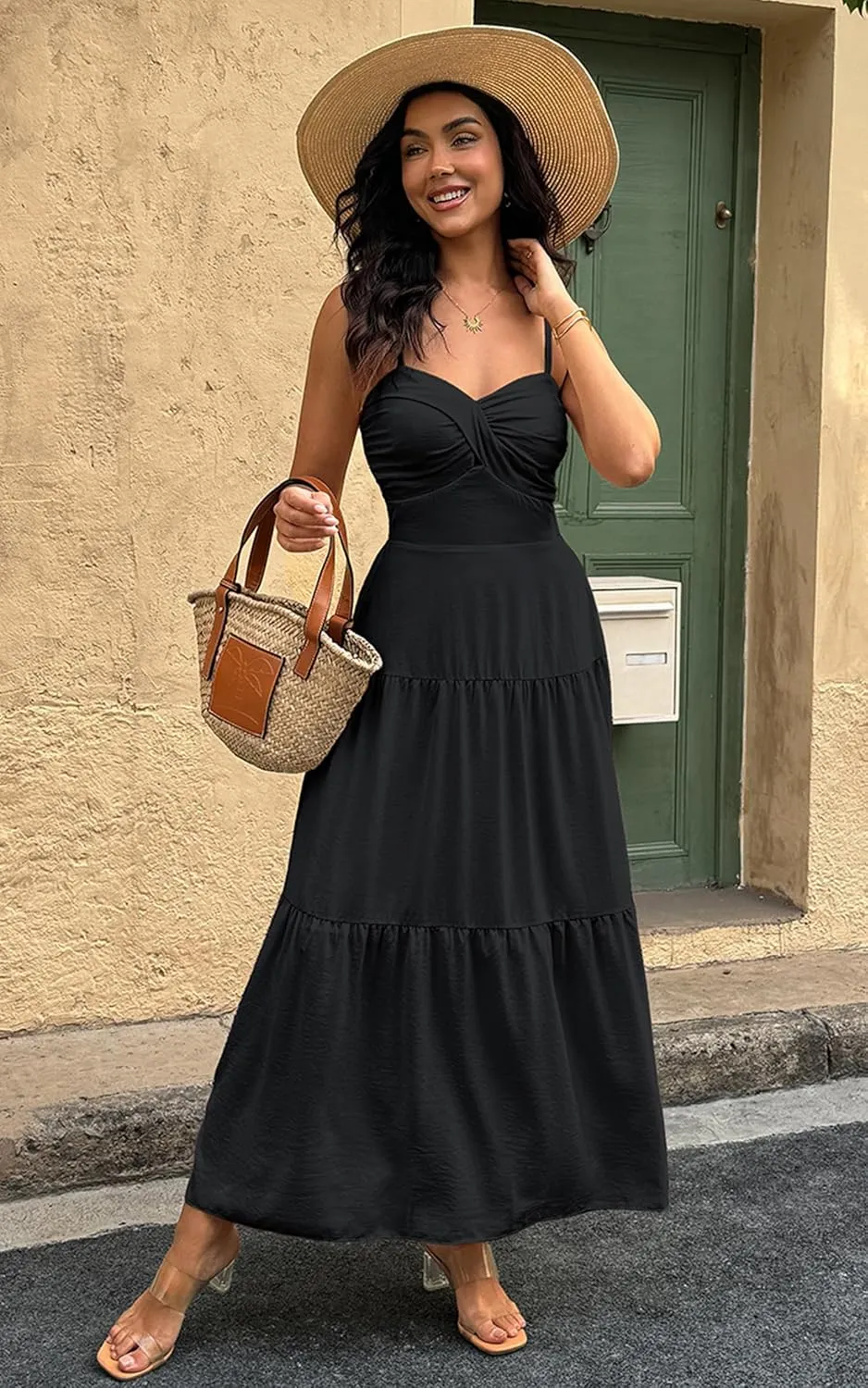 ECOWISH Women's Summer Strapless Maxi Dress 2025 Off Shoulder Hollow Out Smocked A Line Tube Tiered Long Dresses