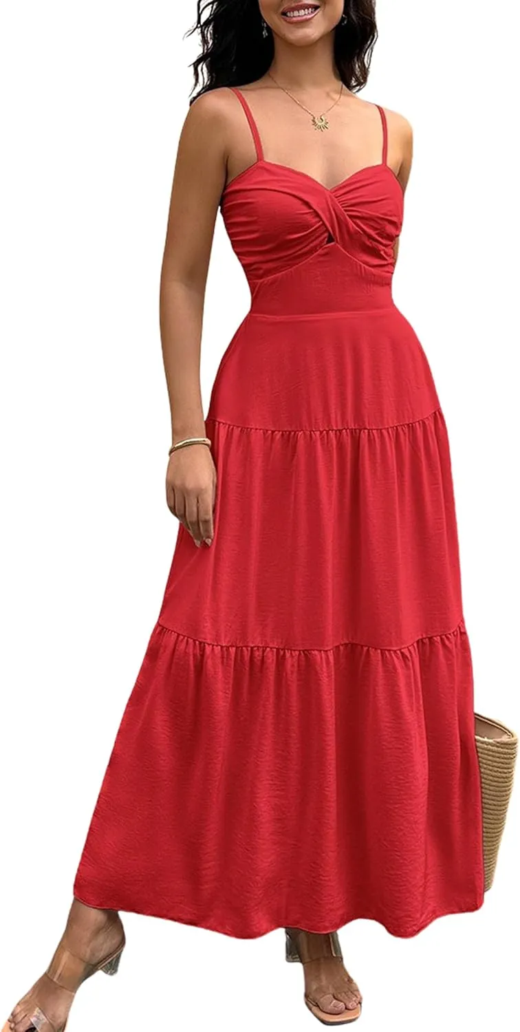 ECOWISH Women's Summer Strapless Maxi Dress 2025 Off Shoulder Hollow Out Smocked A Line Tube Tiered Long Dresses