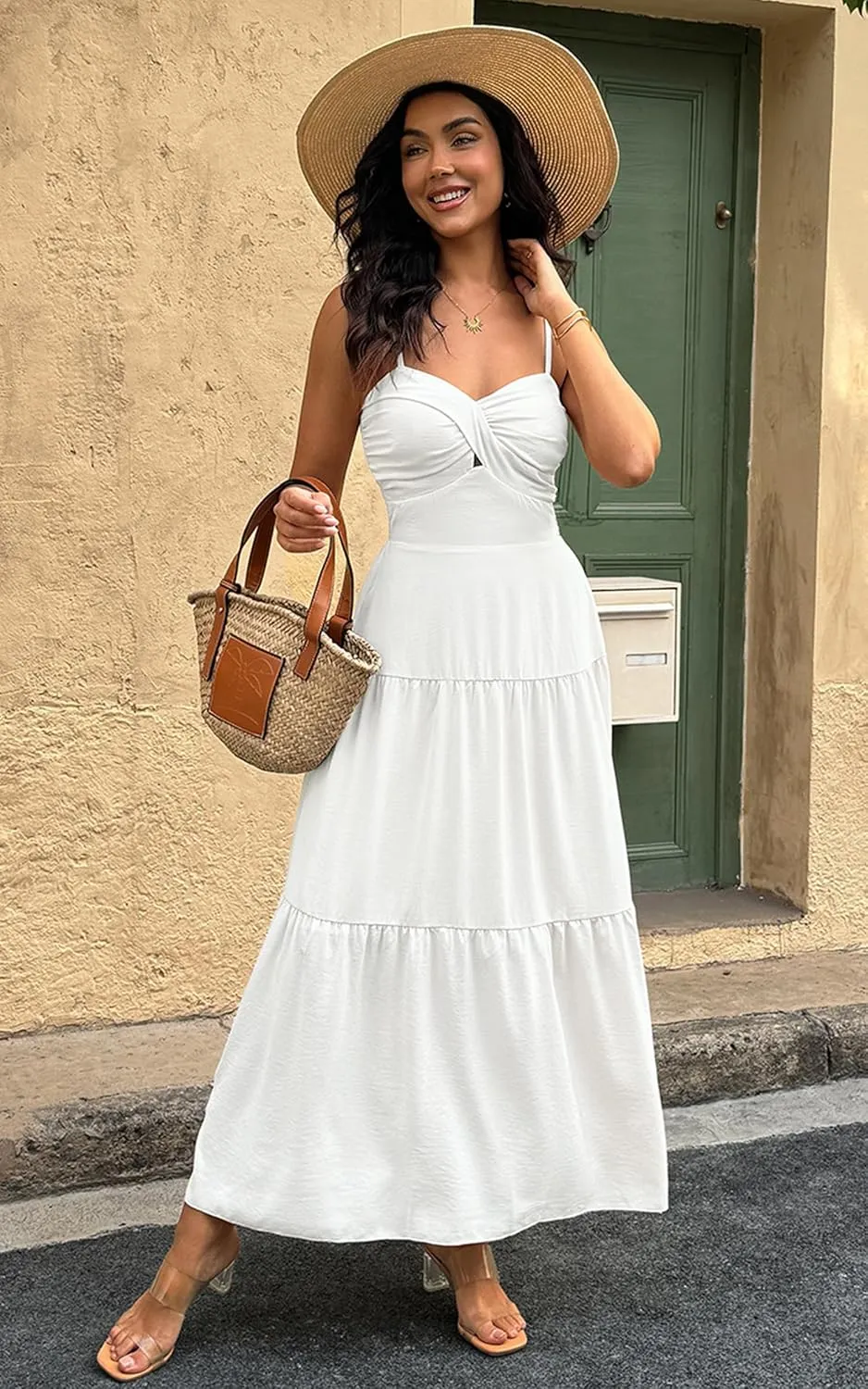 ECOWISH Women's Summer Strapless Maxi Dress 2025 Off Shoulder Hollow Out Smocked A Line Tube Tiered Long Dresses
