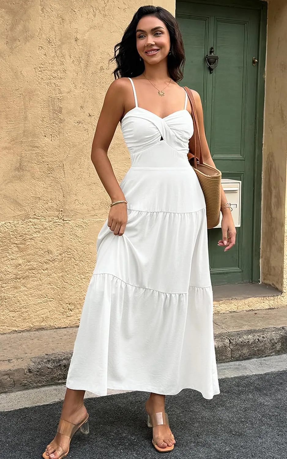 ECOWISH Women's Summer Strapless Maxi Dress 2025 Off Shoulder Hollow Out Smocked A Line Tube Tiered Long Dresses