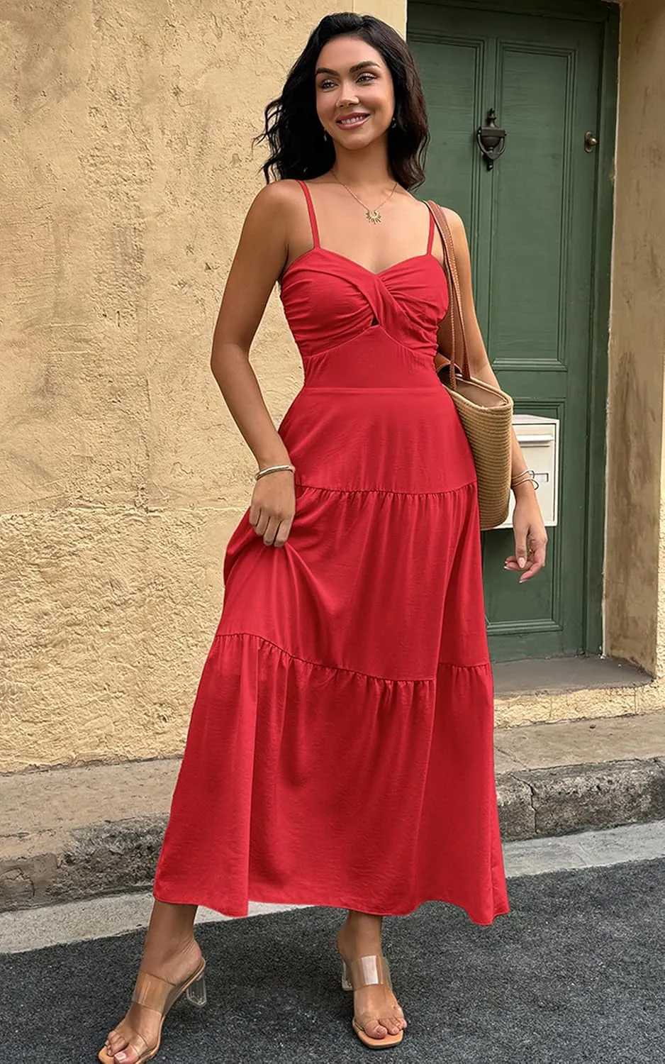 ECOWISH Women's Summer Strapless Maxi Dress 2025 Off Shoulder Hollow Out Smocked A Line Tube Tiered Long Dresses