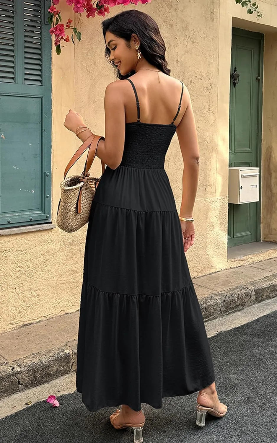 ECOWISH Women's Summer Strapless Maxi Dress 2025 Off Shoulder Hollow Out Smocked A Line Tube Tiered Long Dresses