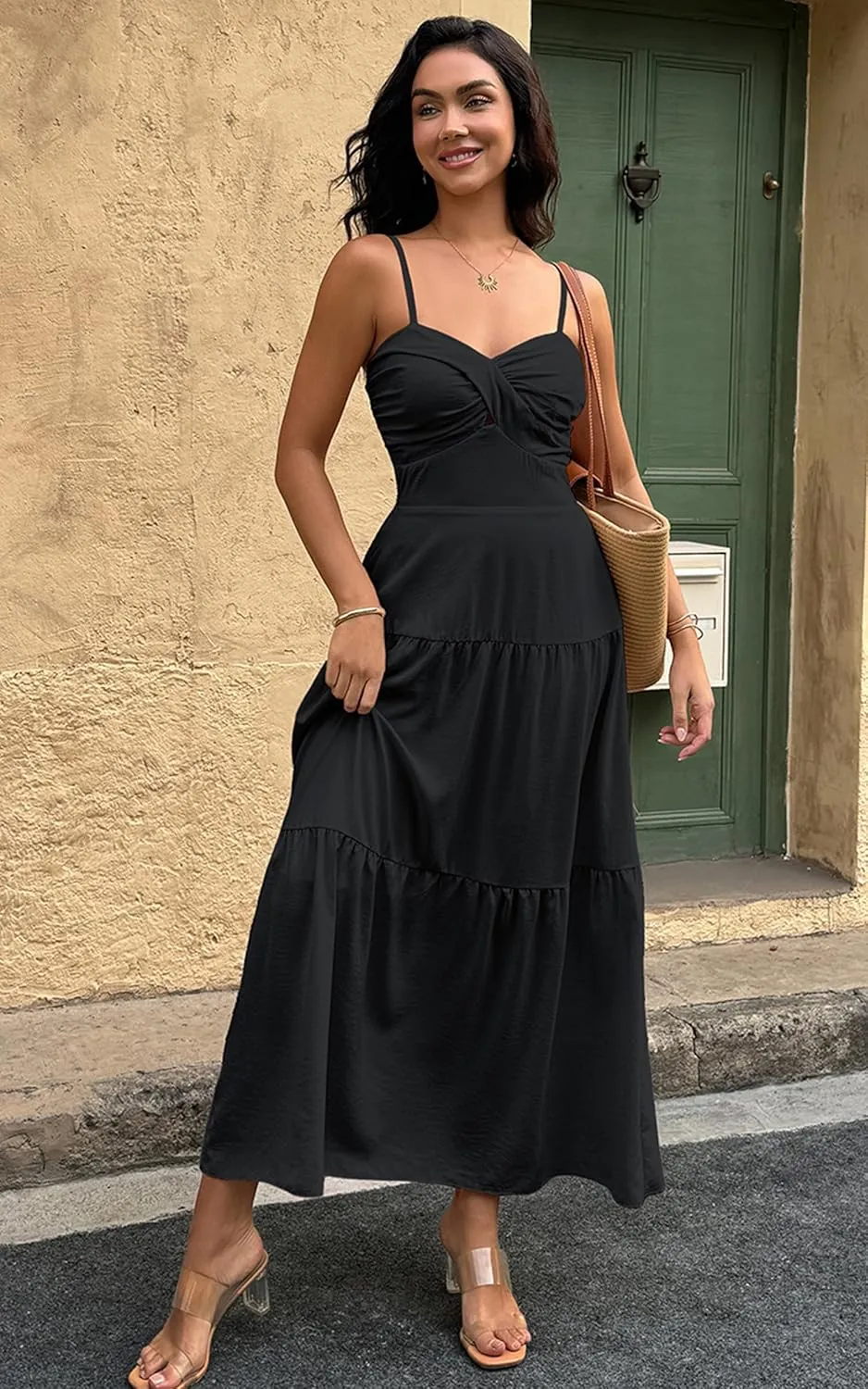 ECOWISH Women's Summer Strapless Maxi Dress 2025 Off Shoulder Hollow Out Smocked A Line Tube Tiered Long Dresses