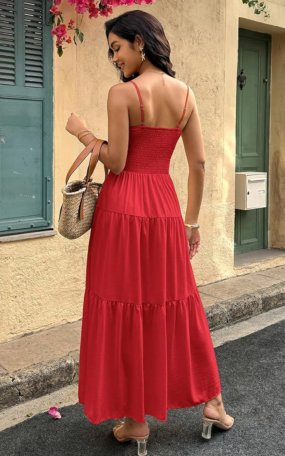 ECOWISH Women's Summer Strapless Maxi Dress 2025 Off Shoulder Hollow Out Smocked A Line Tube Tiered Long Dresses