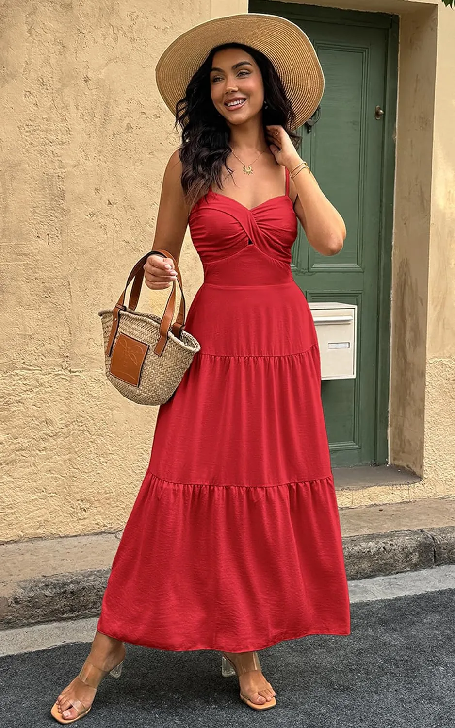 ECOWISH Women's Summer Strapless Maxi Dress 2025 Off Shoulder Hollow Out Smocked A Line Tube Tiered Long Dresses