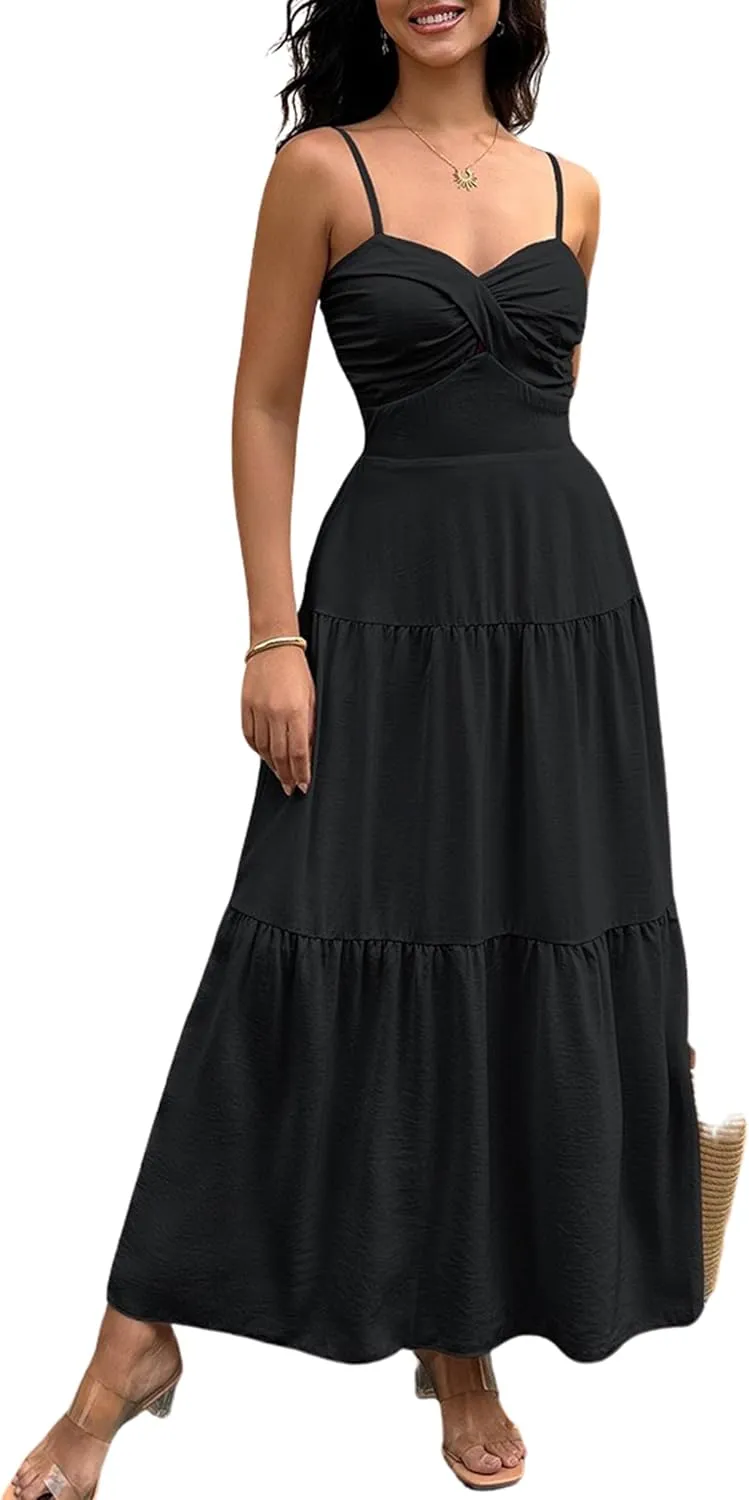 ECOWISH Women's Summer Strapless Maxi Dress 2025 Off Shoulder Hollow Out Smocked A Line Tube Tiered Long Dresses