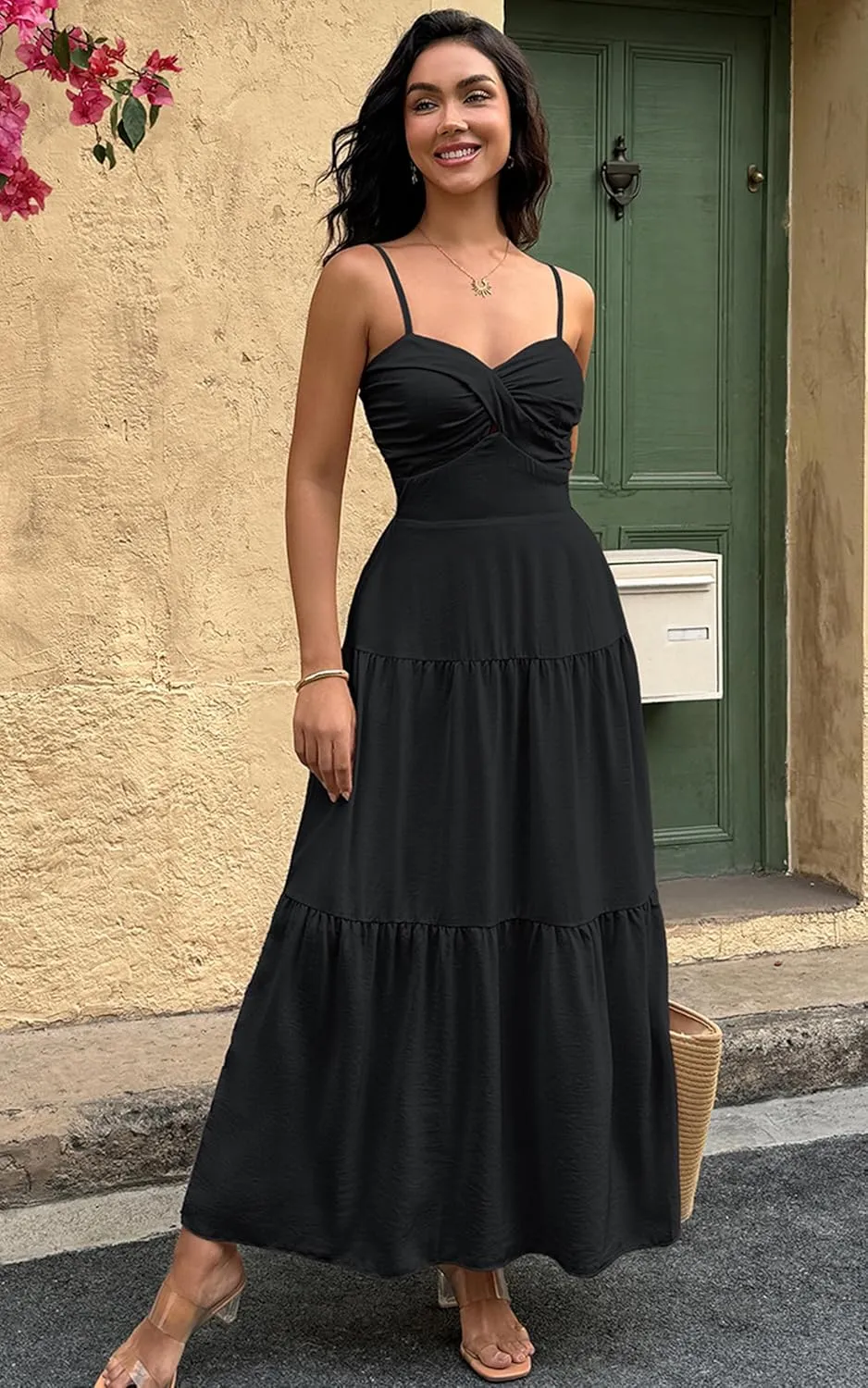 ECOWISH Women's Summer Strapless Maxi Dress 2025 Off Shoulder Hollow Out Smocked A Line Tube Tiered Long Dresses