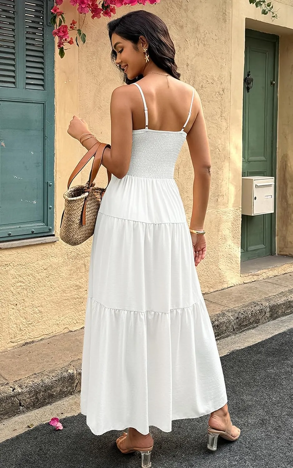 ECOWISH Women's Summer Strapless Maxi Dress 2025 Off Shoulder Hollow Out Smocked A Line Tube Tiered Long Dresses