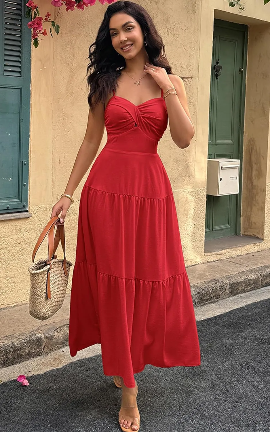 ECOWISH Women's Summer Strapless Maxi Dress 2025 Off Shoulder Hollow Out Smocked A Line Tube Tiered Long Dresses
