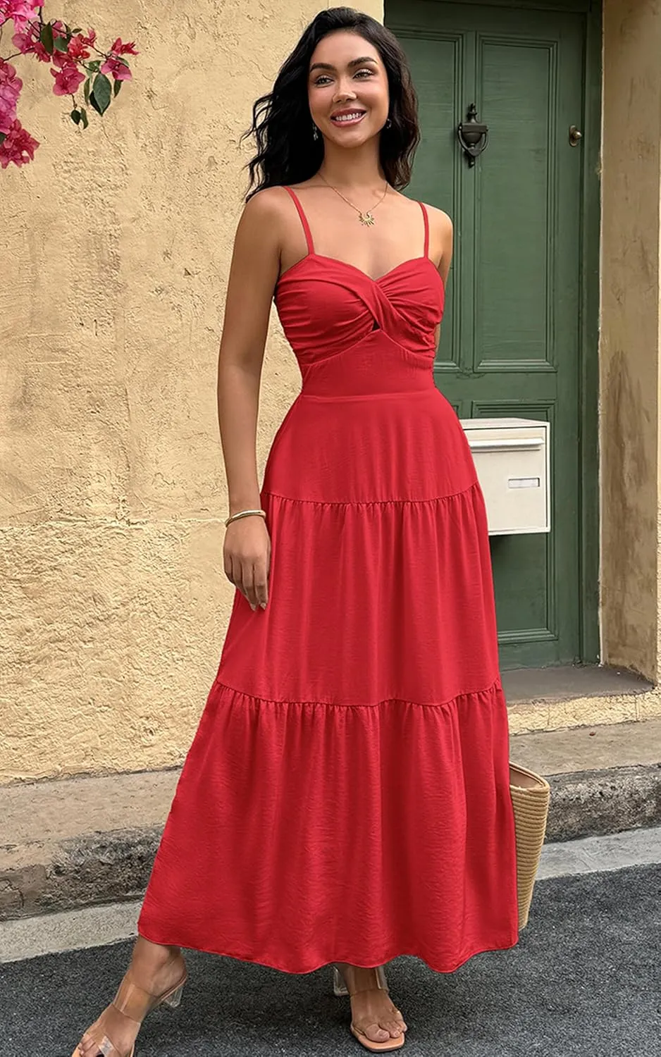 ECOWISH Women's Summer Strapless Maxi Dress 2025 Off Shoulder Hollow Out Smocked A Line Tube Tiered Long Dresses