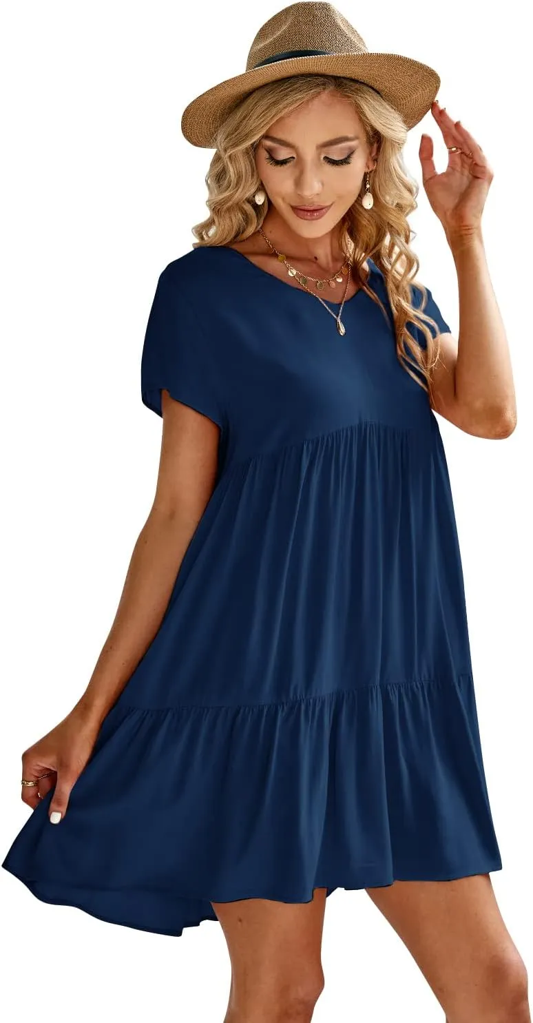 Fangetey Women's V-Neck Tunic Dresses Short Sleeve Button Down Loose Casual Summer Short Flowy Swing Dress